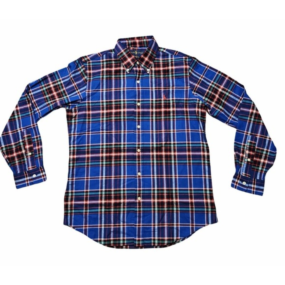 Ralph‎ Lauren Performance Flannel Shirt Men Medium Blue Plaid Classic Fit